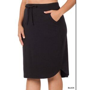 #1034 Zenana NWOT Plus Black Self Tie Tulip Hem Skirt Side Pockets Sizes 1X-3X